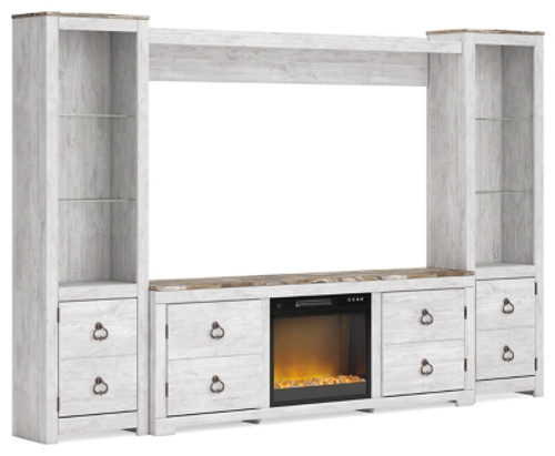 Ashley Willowton Whitewash 4-Piece Entertainment Center with 64" TV Stand and Electric Infrared Fireplace