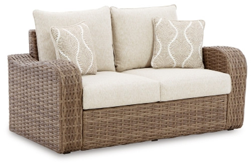 Ashley Sandy Bloom Beige Outdoor Loveseat with Cushion
