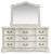 Ashley Arlendyne Antique White California King Upholstered Bed with Mirrored Dresser, Chest and 2 Nightstands