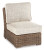 Ashley Beachcroft Beige Outdoor Sofa and 2 Lounge Chairs with Fire Pit Table