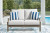 Ashley Rainier Ranch Brown Beige Outdoor Loveseat and 2 Chairs with Coffee Table