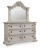 Ashley Andonhall Antique White King Upholstered Panel Bed with Mirrored Dresser