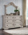 Ashley Andonhall Antique White King Upholstered Panel Bed with Mirrored Dresser