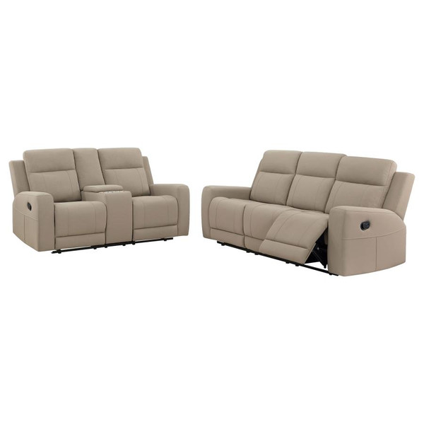 Coaster Brentwood 3piece Upholstered Reclining Sofa Set Taupe