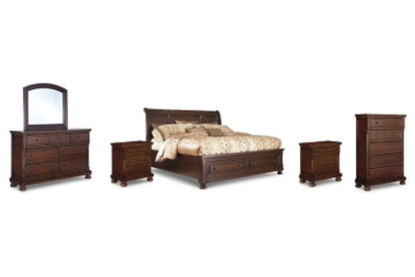 Ashley Porter Rustic Brown Queen Sleigh Bed with Mirrored Dresser, Chest and 2 Nightstands