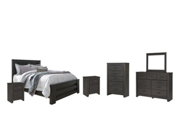 Ashley Brinxton Charcoal Queen Panel Bed with Mirrored Dresser, Chest and 2 Nightstands