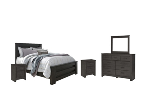 Ashley Brinxton Charcoal Queen Panel Bed with Mirrored Dresser and 2 Nightstands