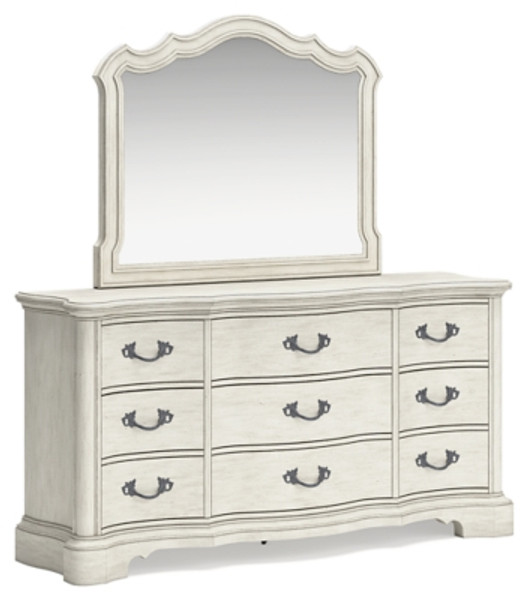 Ashley Arlendyne Antique White King Upholstered Bed with Mirrored Dresser