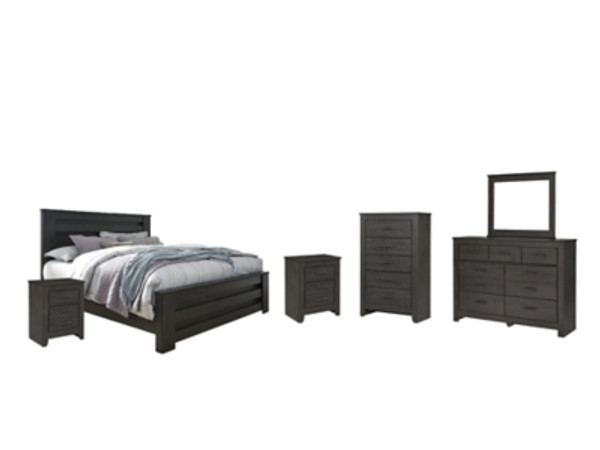 Ashley Brinxton Charcoal King Panel Bed with Mirrored Dresser, Chest and 2 Nightstands