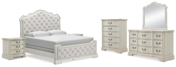 Ashley Arlendyne Antique White California King Upholstered Bed with Mirrored Dresser, Chest and 2 Nightstands