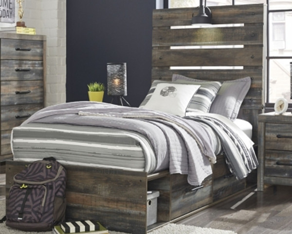 Ashley Drystan Multi Twin Panel Bed with 4 Storage Drawers with Mirrored Dresser and 2 Nightstands