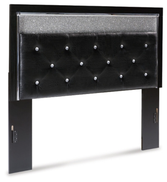 Ashley Kaydell Black Queen Upholstered Panel Headboard with Mirrored Dresser, Chest and Nightstand