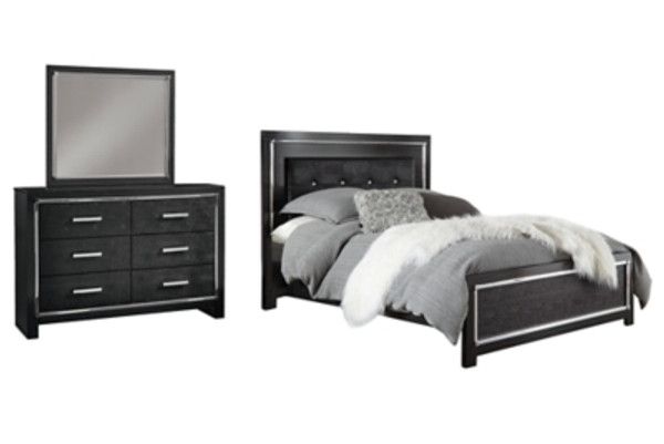 Ashley Kaydell Black Queen Upholstered Panel Bed with Mirrored Dresser