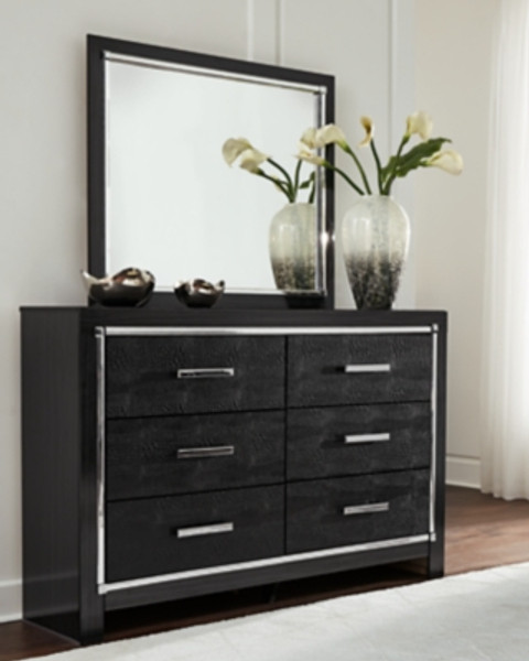Ashley Kaydell Black Queen Panel Bed with Storage with Mirrored Dresser