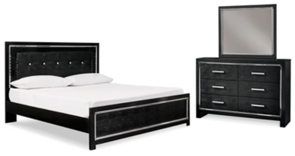 Ashley Kaydell Black King Upholstered Panel Bed with Mirrored Dresser