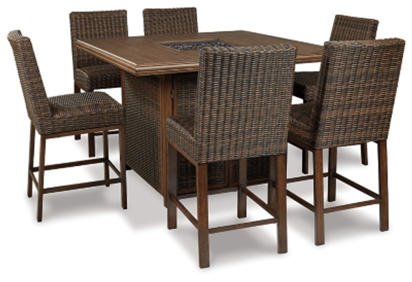 Ashley Paradise Trail Medium Brown Outdoor Bar Table and 6 Barstools