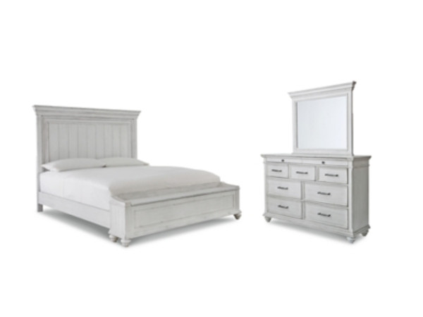 Benchcraft Kanwyn Whitewash Queen Panel Bed with Storage with Mirrored Dresser