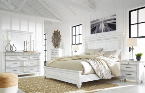 Benchcraft Kanwyn Whitewash Queen Panel Bed with Mirrored Dresser, Chest and Nightstand