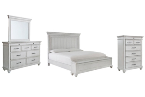 Benchcraft Kanwyn Whitewash King Panel Bed with Storage with Mirrored Dresser and Chest
