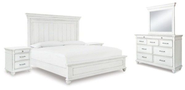 Benchcraft Kanwyn Whitewash King Panel Bed with Mirrored Dresser and 2 Nightstands