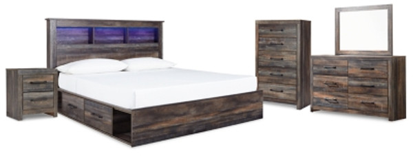 Ashley Drystan Multi King Bookcase Bed with 4 Storage Drawers with Mirrored Dresser and 2 Nightstands
