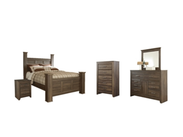 Ashley Juararo Dark Brown Queen Poster Bed with Mirrored Dresser, Chest and Nightstand