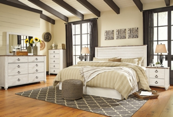 Ashley Willowton Whitewash King/California King Panel Headboard Bed with Mirrored Dresser, Chest and Nightstand