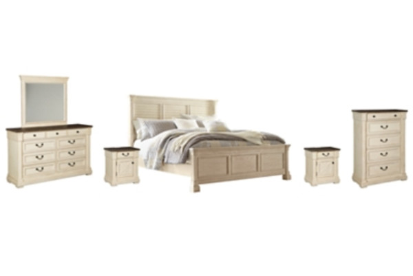 Ashley Bolanburg Antique White King Louvered Panel Bed with Mirrored Dresser, Chest and 2 Nightstands