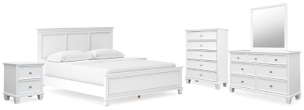 Ashley Fortman White California King Panel Bed with Mirrored Dresser, Chest and 2 Nightstands