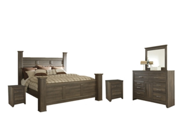 Ashley Juararo Dark Brown California King Poster Bed with Mirrored Dresser and 2 Nightstands