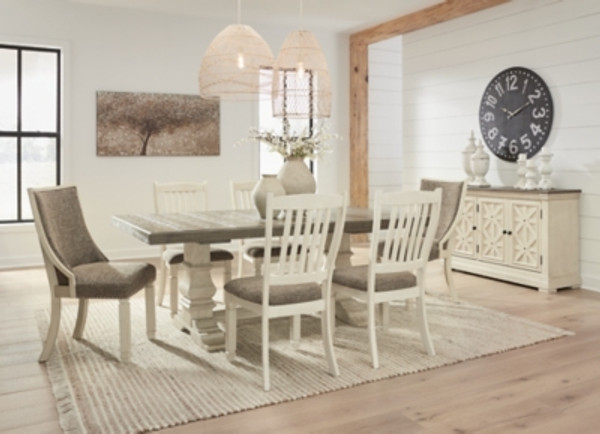Ashley Bolanburg Antique White 7 Piece Dining Set with Table, 4 Rake-Back Chairs and 2 Captains Chairs