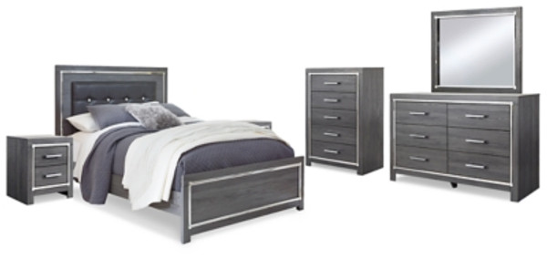 Ashley Lodanna Gray Queen Panel Bed with Mirrored Dresser, Chest and 2 Nightstands