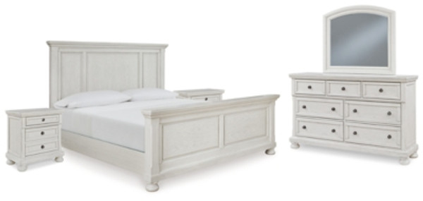Ashley Robbinsdale Antique White Queen Panel Bed with Mirrored Dresser and 2 Nightstands