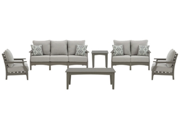 Ashley Visola Gray Outdoor Sofa and Loveseat with 2 Lounge Chairs and End Table