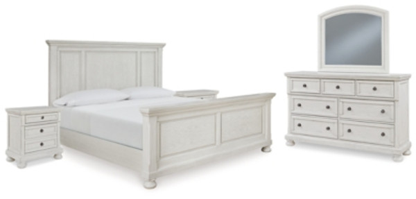 Ashley Robbinsdale Antique White California King Panel Bed with Mirrored Dresser and 2 Nightstands
