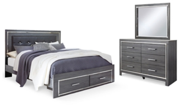 Ashley Lodanna Gray King Platform Storage Bed with Mirrored Dresser