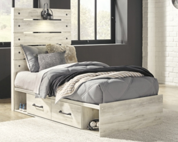 Ashley Cambeck Whitewash Twin Panel Bed with 4 Storage Drawers with Mirrored Dresser and 2 Nightstands