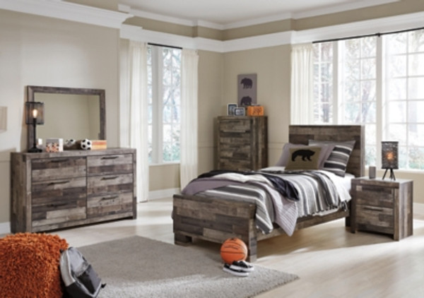 Benchcraft Derekson Multi Gray Twin Panel Bed with Mirrored Dresser, Chest and Nightstand