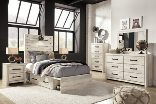 Ashley Cambeck Whitewash Twin Panel Bed with 2 Storage Drawers with Mirrored Dresser, Chest and Nightstand