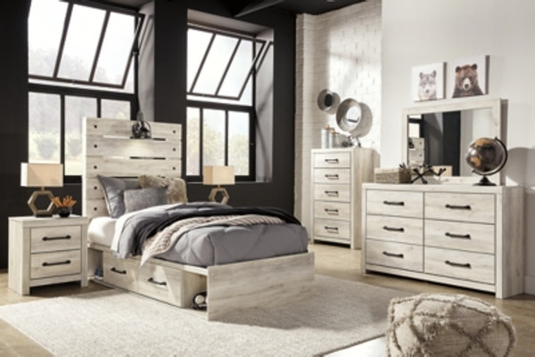 Ashley Cambeck Whitewash Twin Panel Bed with 2 Storage Drawers with Mirrored Dresser, Chest and 2 Nightstands