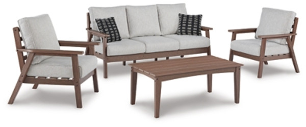 Ashley Emmeline Brown Beige Outdoor Sofa and 2 Chairs with Coffee Table