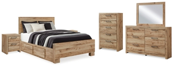 Ashley Hyanna Tan Brown Queen Panel Bed with Storage with Mirrored Dresser, Chest and 2 Nightstands