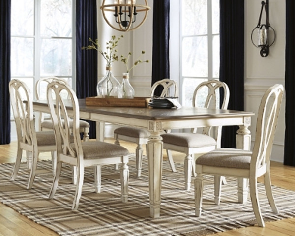 Ashley Realyn Chipped White 7-Piece Dining Set with Rectangular Table and 6 Ribbon Back Chairs