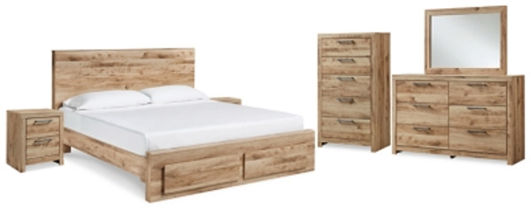 Ashley Hyanna Tan Brown King Panel Storage Bed with Mirrored Dresser, Chest and 2 Nightstands