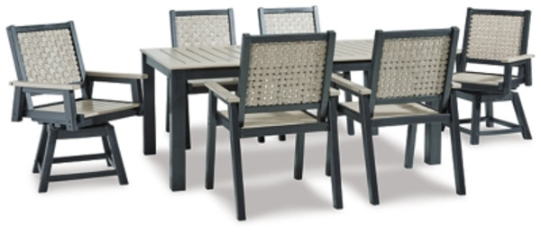 Ashley Mount Valley Driftwood Black 7-Piece Outdoor Dining Set with Table, 4 Arm Chairs and 2 Swivel Chairs