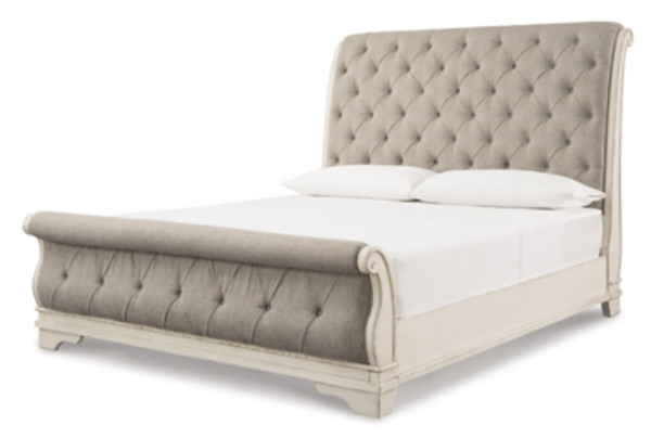 Ashley Realyn Chipped White California King Sleigh Bed with Mirrored Dresser and 2 Nightstands