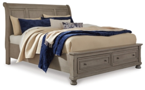 Ashley Lettner Light Gray Queen Sleigh Bed with 2 Storage Drawers with Mirrored Dresser and Chest