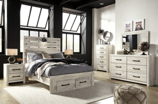 Ashley Cambeck Whitewash Full Panel Bed with 4 Storage Drawers with Mirrored Dresser, Chest and Nightstand