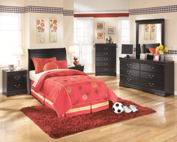 Ashley Huey Vineyard Black Twin Sleigh Headboard Bed with Mirrored Dresser, Chest and Nightstand