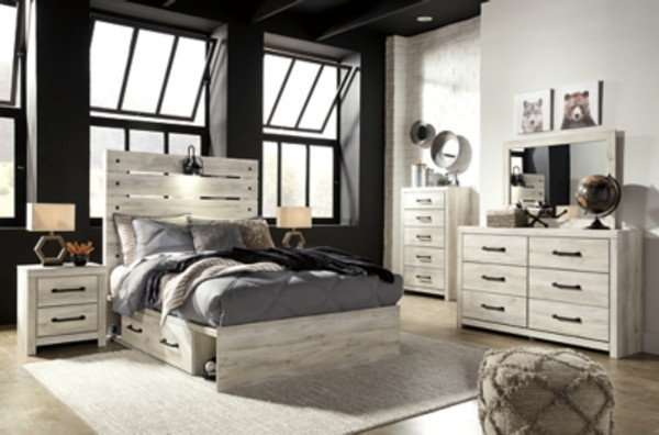 Ashley Cambeck Whitewash Full Panel Bed with 2 Storage Drawers with Mirrored Dresser, Chest and 2 Nightstands